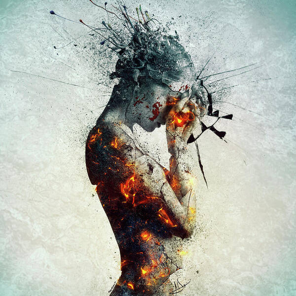 Fragmented Human Portrait in Flames Art Print