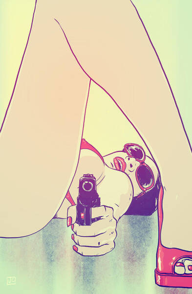 Woman with Gun and Red Shoes Poster