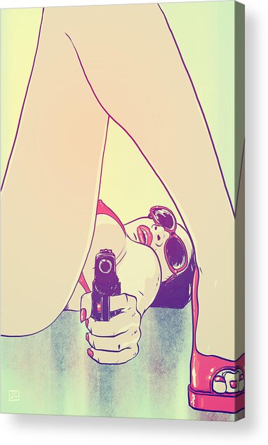 Woman with Gun and Red Shoes Acrylic Print