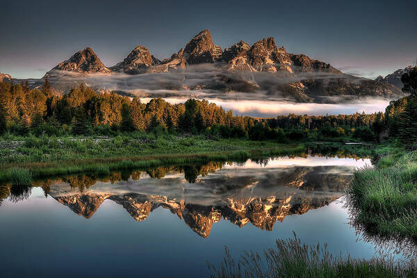 Serene Mountain Reflection at Dawn Art Print